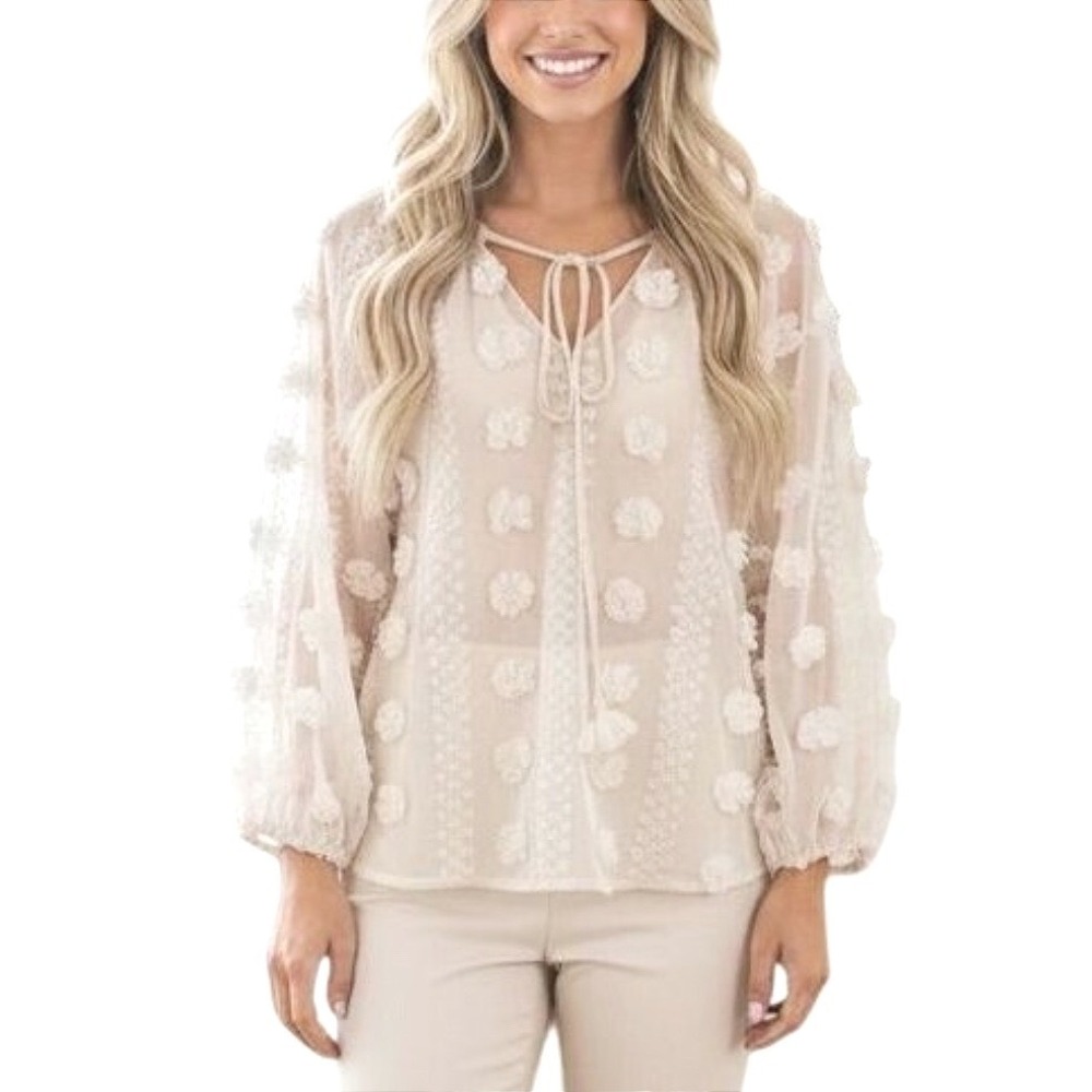 Calypso St. Barth Sheer Pom Tassel Peasant Blouse Cream Balloon Sleeve S